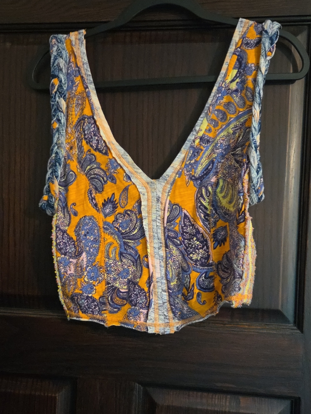 Free People Yellow and Blue Paisley V-Neck Cropped Camisole
